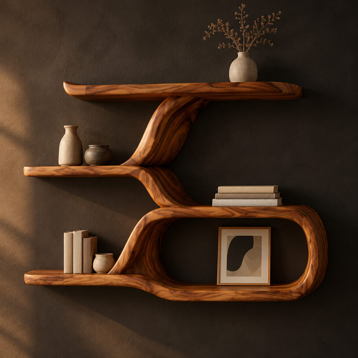 Wall shelf with a twisting trunk and an open oval loop below in a dark studio against a charcoal plaster wall