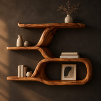 Wall shelf with a twisting trunk and an open oval loop below in a dark studio against a charcoal plaster wall
