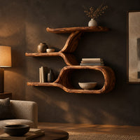 Wall shelf with a twisting trunk and an open oval loop below in a dark living room at golden hour