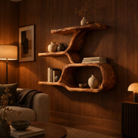 Wall shelf with a twisting trunk and an open oval loop below in an evening living room with walnut wall paneling