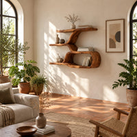 Wall shelf with a twisting trunk and an open oval loop below in a bright living room with arched windows and plants