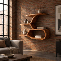 Wall shelf with a twisting trunk and an open oval loop below in an industrial loft living room with exposed brick