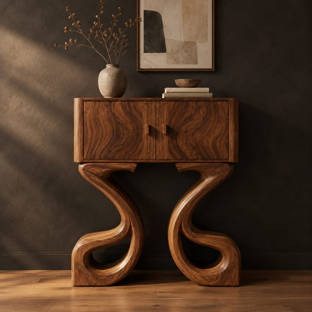 Two door console cabinet on large looping ribbon shaped legs in a dark studio against a charcoal plaster wall