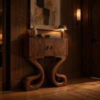 Two door console cabinet on large looping ribbon shaped legs in an evening entryway with walnut wall paneling