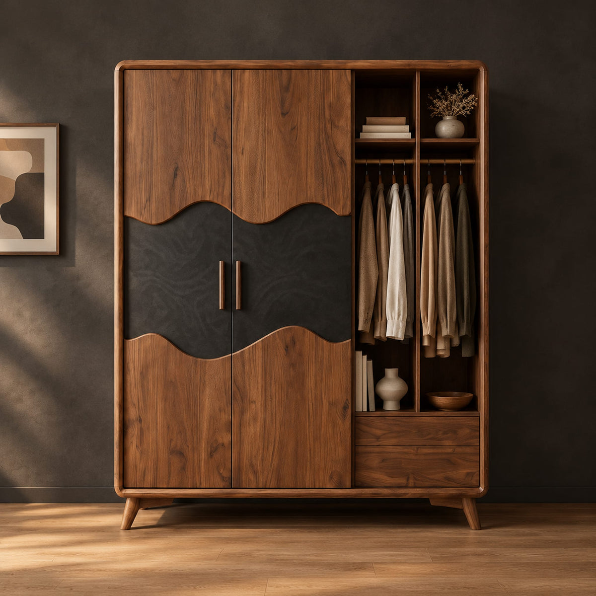 Wardrobe with two doors, a dark wavy panel and an open shelf bay in a dark studio against a charcoal plaster wall