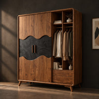 Wardrobe with two doors, a dark wavy panel and an open shelf bay, three-quarter view showing the grain