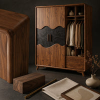 Corner detail of wardrobe with two doors, a dark wavy panel and an open shelf bay beside wood, brass and linen samples