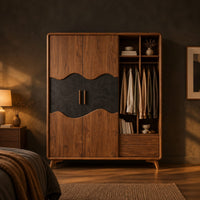 Wardrobe with two doors, a dark wavy panel and an open shelf bay in a dark bedroom at golden hour