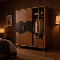 Wardrobe with two doors, a dark wavy panel and an open shelf bay in an evening bedroom with walnut wall paneling