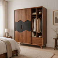 Wardrobe with two doors, a dark wavy panel and an open shelf bay in a Scandinavian bedroom with white walls
