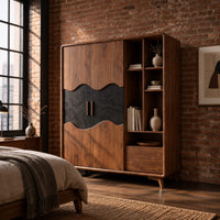 Wardrobe with two doors, a dark wavy panel and an open shelf bay in an industrial loft bedroom with exposed brick