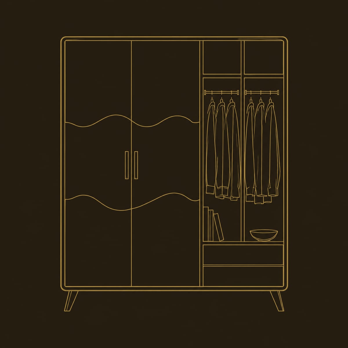 Two Door Wardrobe With Dark Wavy Panel And Open Hanging Bay dimension diagram