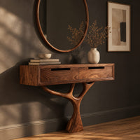 Console table with a two drawer box on a single branching tree pedestal, three-quarter view showing the grain