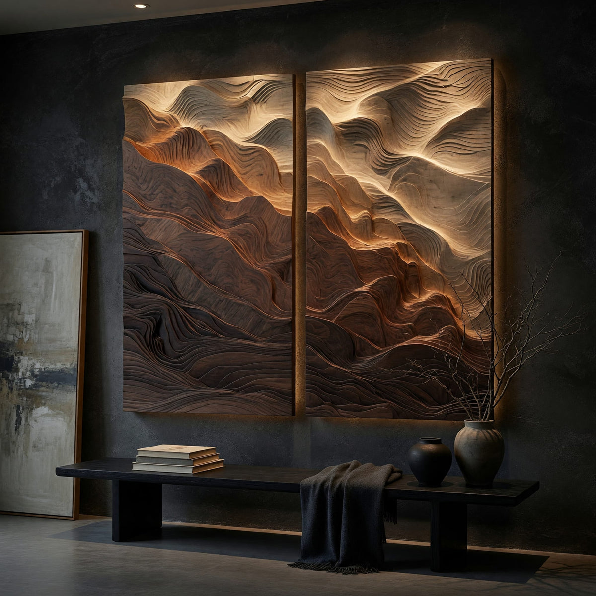 Two panel canyon wall art with graded wood layers on a dark charcoal plaster wall