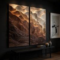 Two panel canyon wall art with graded wood layers, three-quarter view showing the carved depth