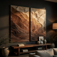 Two panel canyon wall art with graded wood layers above a low console in an evening living room