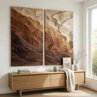 Two panel canyon wall art with graded wood layers above a light oak sideboard in daylight