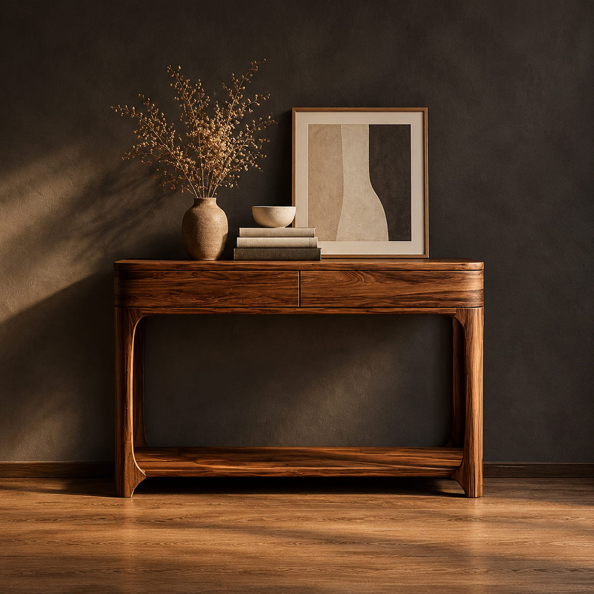 Console table with a two panel front rail and a low open shelf in a dark studio against a charcoal plaster wall