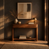 Console table with a two panel front rail and a low open shelf in a dark entryway at golden hour