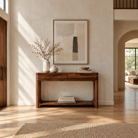 Console table with a two panel front rail and a low open shelf in a bright open plan entryway