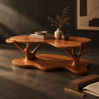 Corner detail of two tier coffee table with a freeform top and branch shaped supports beside wood, brass and linen samples