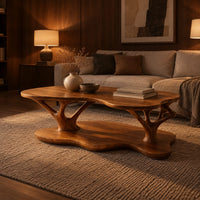 Two tier coffee table with a freeform top and branch shaped supports in an evening living room with walnut wall paneling