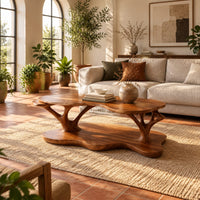Two tier coffee table with a freeform top and branch shaped supports in a bright living room with arched windows and plants
