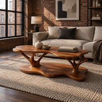 Two tier coffee table with a freeform top and branch shaped supports in an industrial loft living room with exposed brick