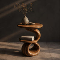 Two tier end table with a spiral ribbon base and a loop foot, three-quarter view showing the grain