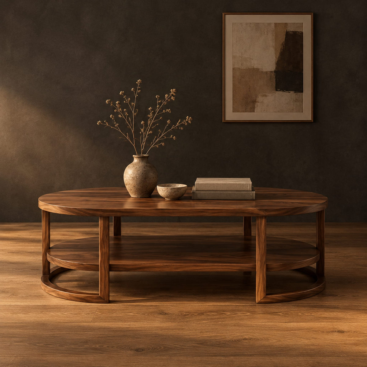 Two tier oval wooden coffee table with slim legs and half ring supports in a dark studio against a charcoal plaster wall