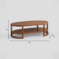 Two Tier Oval Coffee Table With Slim Legs And Ring Supports dimension diagram with width, height and depth