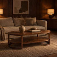 Two tier oval wooden coffee table with slim legs and half ring supports in an evening living room with walnut wall paneling