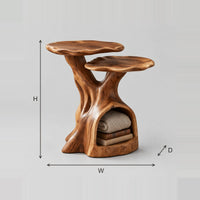 Two Tier Side Table With Hollow Trunk Base And Wavy Tops dimension diagram with width, height and depth