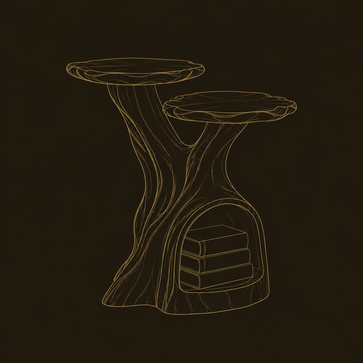 Two Tier Side Table With Hollow Trunk Base And Wavy Tops dimension diagram
