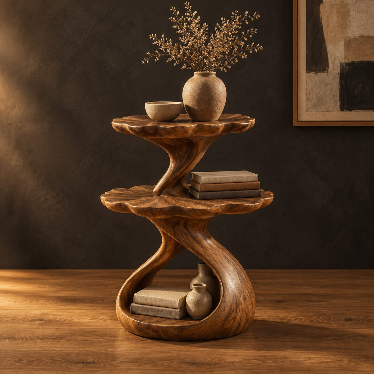 Two tier side table with scalloped tops and a twisting stem in a dark studio against a charcoal plaster wall