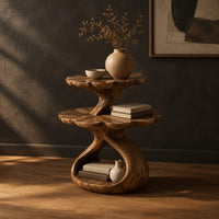 Two tier side table with scalloped tops and a twisting stem, three-quarter view showing the grain