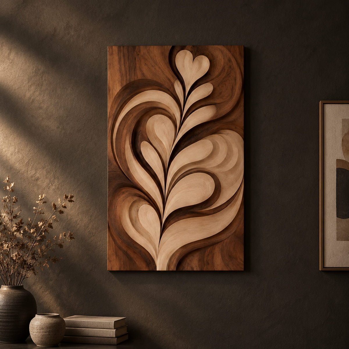 Wall art panel with a carved leaf relief in light and dark tones on a dark charcoal plaster wall