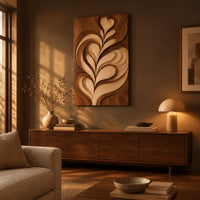 Wall art panel with a carved leaf relief in light and dark tones above a low console in an evening living room