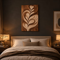 Wall art panel with a carved leaf relief in light and dark tones above a bed in a dusk lit bedroom