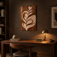 Wall art panel with a carved leaf relief in light and dark tones above a desk in a dark study corner