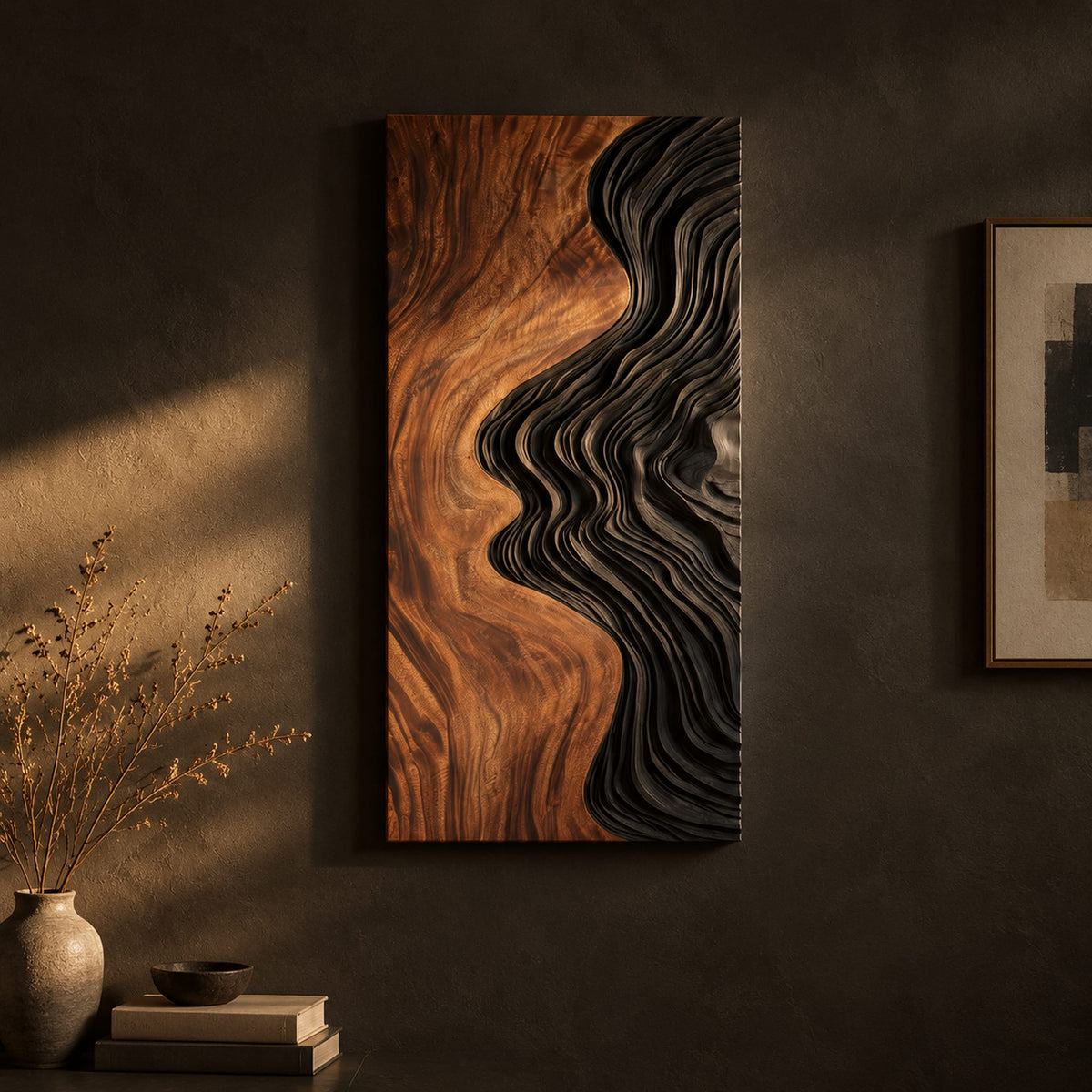 Tall wall art panel split between natural wood grain and black carved ripples on a dark charcoal plaster wall