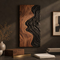 Detail of tall wall art panel split between natural wood grain and black carved ripples beside wood, brass and linen samples