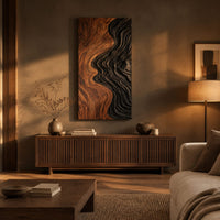 Tall wall art panel split between natural wood grain and black carved ripples above a low console in an evening living room