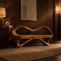 Wooden bench with a wavy looped rim and slender splayed legs in an evening entryway with walnut wall paneling