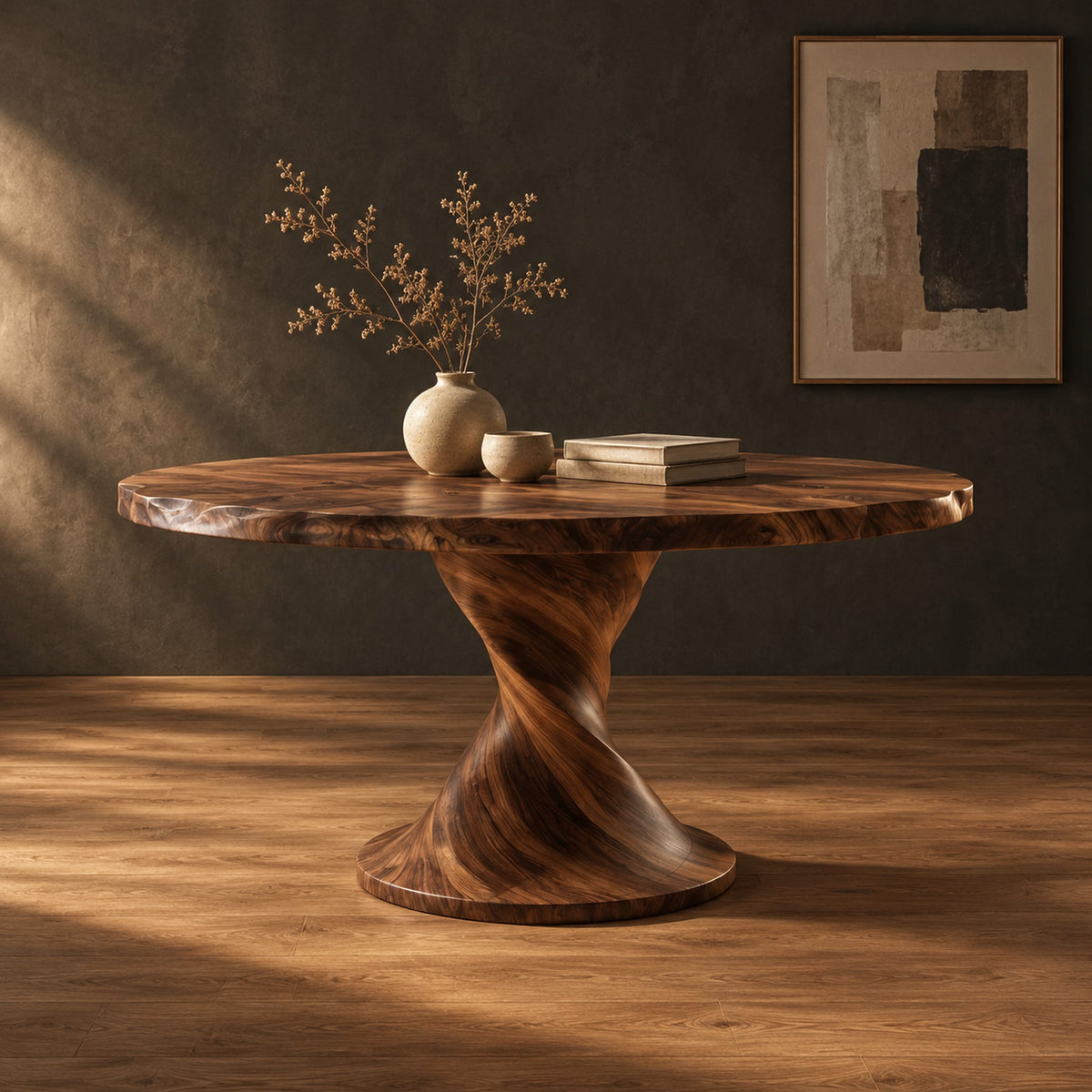 Round dining table on a twisted pedestal with a flared disc base in a dark studio against a charcoal plaster wall