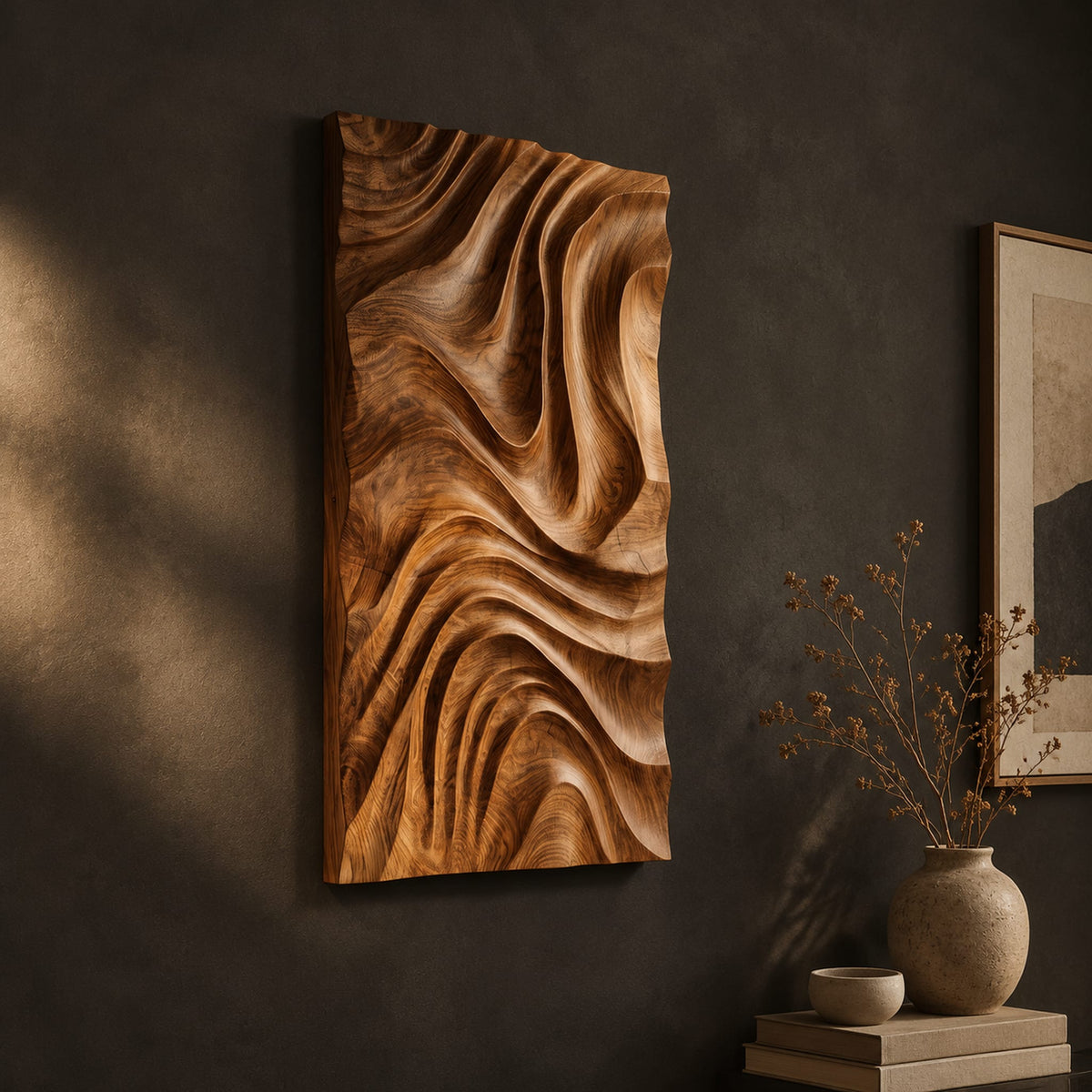 Tall wooden wall art panel carved with deep swirling ripple ridges on a dark charcoal plaster wall