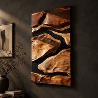 Vertical carved wall art with flowing forms on a dark ground, three-quarter view showing the carved depth