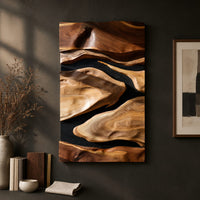 Detail of vertical carved wall art with flowing forms on a dark ground beside wood, brass and linen samples