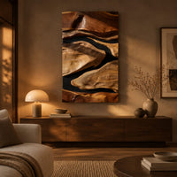 Vertical carved wall art with flowing forms on a dark ground above a low console in an evening living room