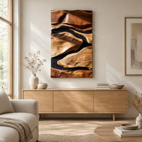 Vertical carved wall art with flowing forms on a dark ground above a light oak sideboard in daylight